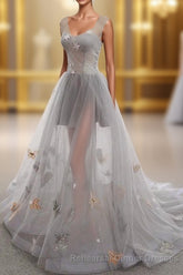 Gray Long Semi Formal Prom Dress with Butterfly, New Arrival Unique Evening Dress